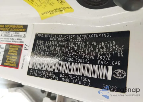 2012 Toyota Camry Xle V6 z USA, uszkodzony, nr VIN 4T1BK1FK9CU500412